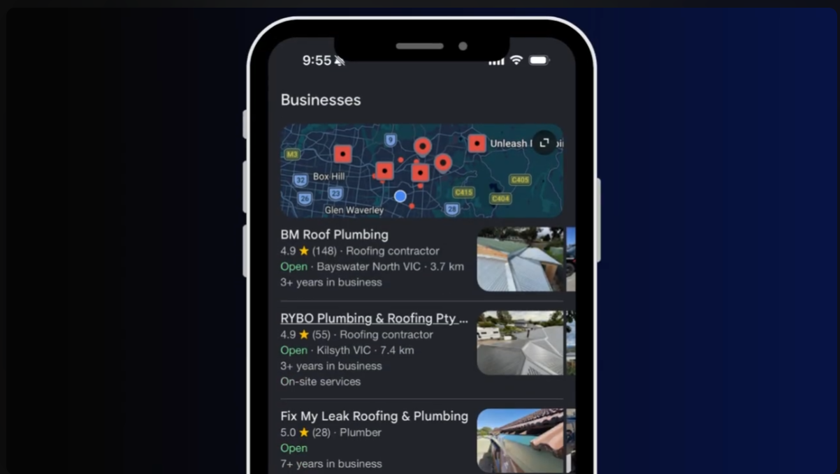 BM Roof Plumbing showing at the top of the Google Maps local results with 148 five-star reviews