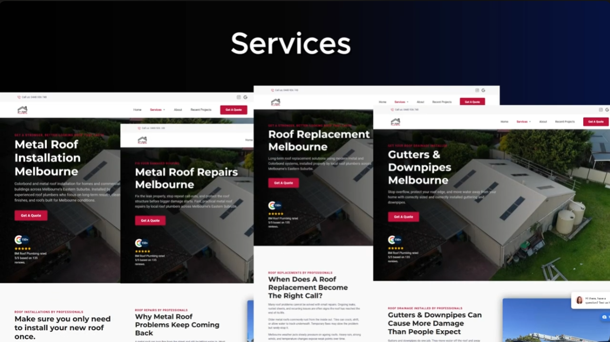 A selection of the hundreds of service and location pages built into the BM Roof Plumbing website
